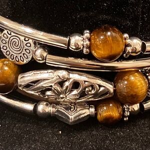 Bracelet, tiger eye  beads , silver filigree  stretchable 4 piece